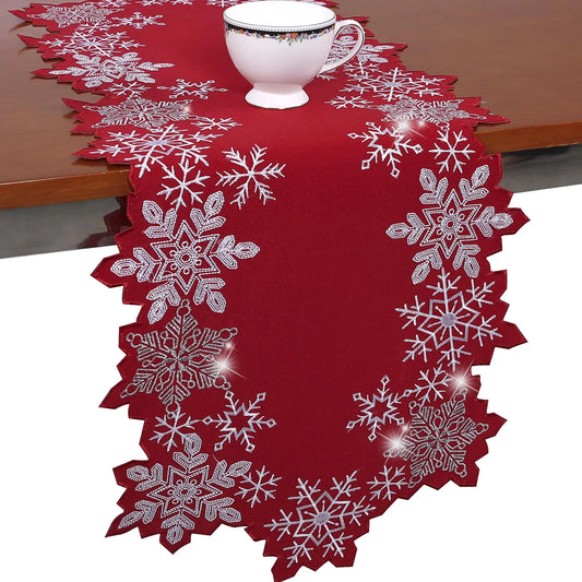 Schneeflocken Tischläufer Weihnachtsrot Bestickt 36 Zoll Lang Weihnachts Tischdekoration Festliche Feiertags-Tischdecke mit ausgeschnittenem Weißem Glitzer Esszimmer Dekor Rot 13×36IN